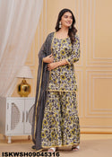 Hand Block Printed Cotton Kurti With Sharara And Kota Doriya Dupatta-ISKWSH09045316