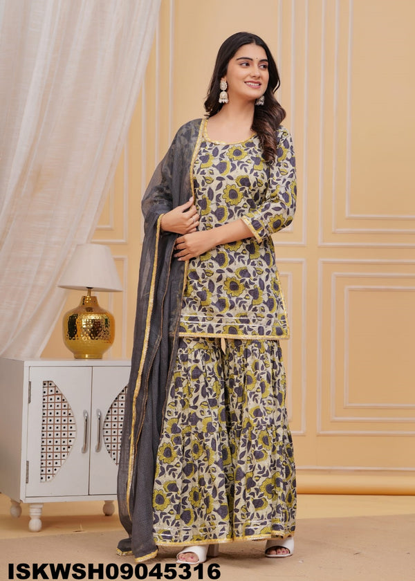 Hand Block Printed Cotton Kurti With Sharara And Kota Doriya Dupatta-ISKWSH09045316