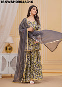 Hand Block Printed Cotton Kurti With Sharara And Kota Doriya Dupatta-ISKWSH09045316