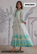 Floral Hand Block Printed Cotton Gown With Dupatta-ISKWGN0104OMK3881