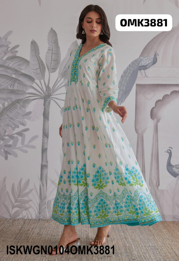 Floral Hand Block Printed Cotton Gown With Dupatta-ISKWGN0104OMK3881