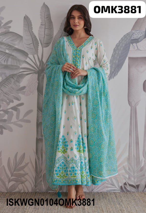 Floral Hand Block Printed Cotton Gown With Dupatta-ISKWGN0104OMK3881