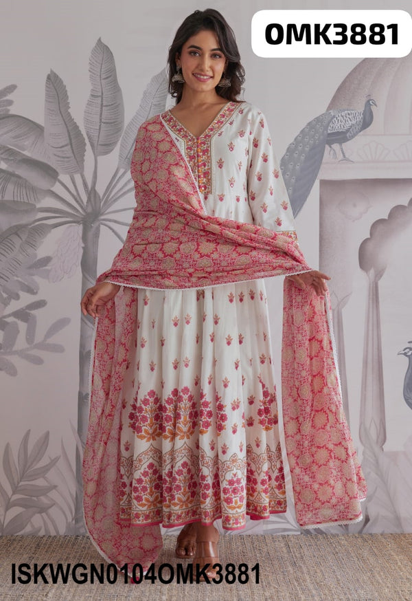 Floral Hand Block Printed Cotton Gown With Dupatta-ISKWGN0104OMK3881