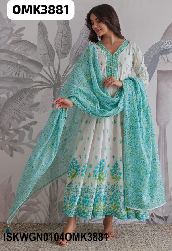 Floral Hand Block Printed Cotton Gown With Dupatta-ISKWGN0104OMK3881