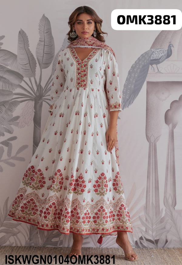 Floral Hand Block Printed Cotton Gown With Dupatta-ISKWGN0104OMK3881