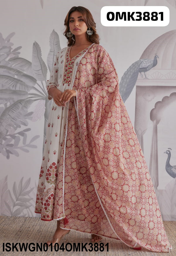 Floral Hand Block Printed Cotton Gown With Dupatta-ISKWGN0104OMK3881