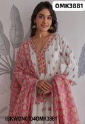 Floral Hand Block Printed Cotton Gown With Dupatta-ISKWGN0104OMK3881