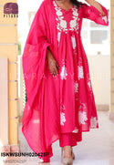 Embroidered Malmal Cotton Flared Kurti With Cotton Pant And Dupatta-ISKWSUNH020425P/NH020425Y