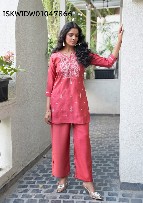 Embroidered Viscose Silk Top With Pant-ISKWIDW01047866