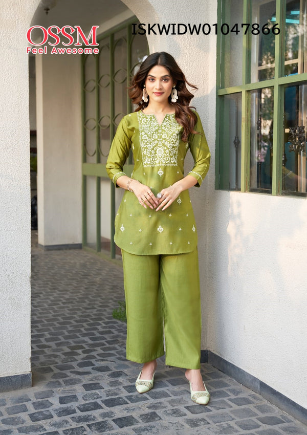 Embroidered Viscose Silk Top With Pant-ISKWIDW01047866