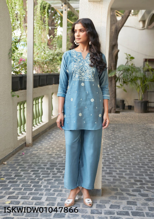 Embroidered Viscose Silk Top With Pant-ISKWIDW01047866