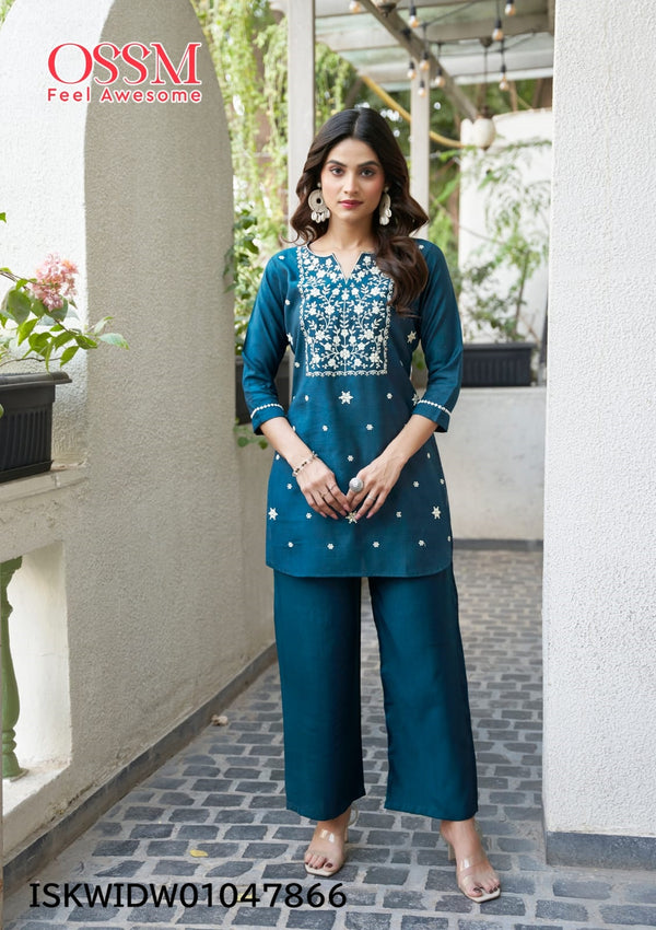 Embroidered Viscose Silk Top With Pant-ISKWIDW01047866