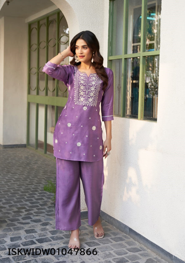 Embroidered Viscose Silk Top With Pant-ISKWIDW01047866