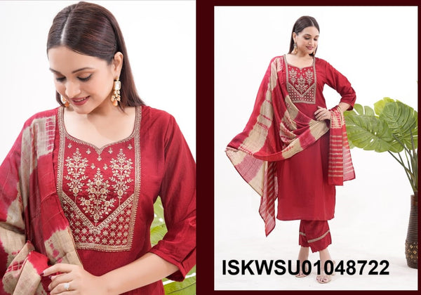 Embroidered Silk Kurti With Pant And Banarasi Dupatta-ISKWSU01048722