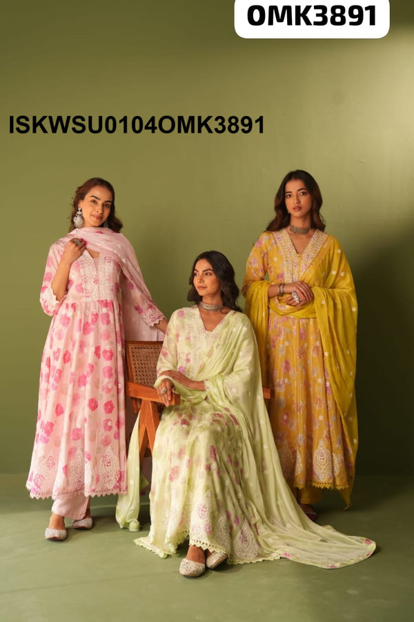 Printed Maslin Anarkali Kurti With Shantoon Pant And Chiffon Dupatta-ISKWSU0104OMK3891