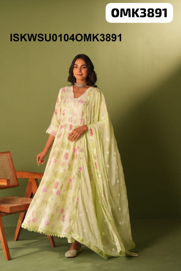 Printed Maslin Anarkali Kurti With Shantoon Pant And Chiffon Dupatta-ISKWSU0104OMK3891