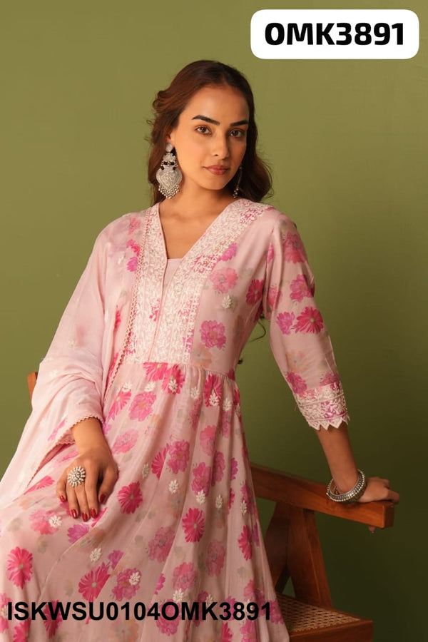Printed Maslin Anarkali Kurti With Shantoon Pant And Chiffon Dupatta-ISKWSU0104OMK3891