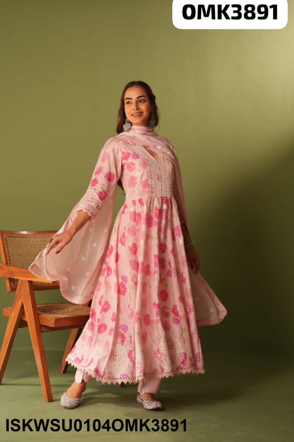 Printed Maslin Anarkali Kurti With Shantoon Pant And Chiffon Dupatta-ISKWSU0104OMK3891