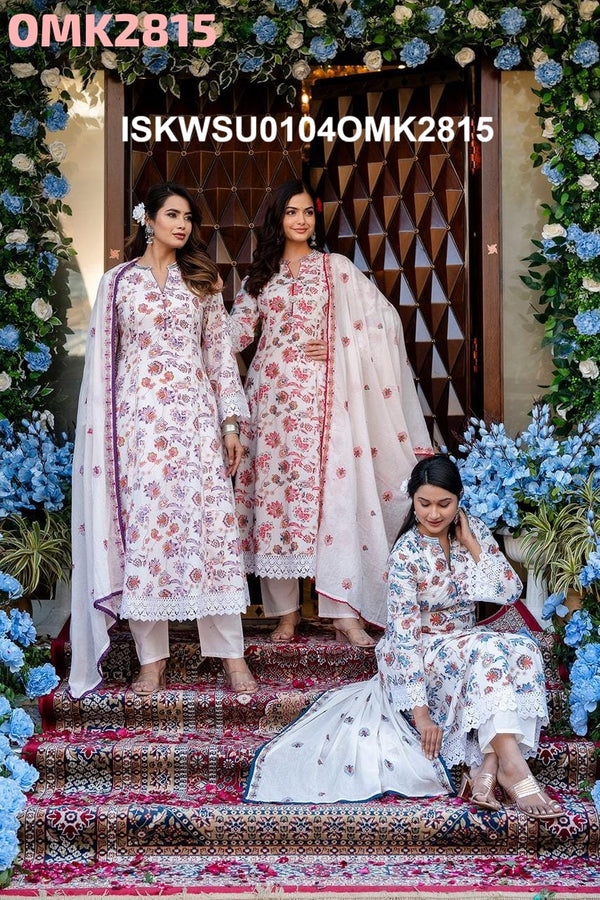 Floral Printed Cotton Anarkali Kurti With Pant And Dupatta-ISKWSU0104OMK2815