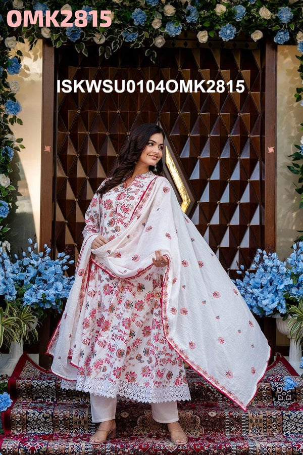 Floral Printed Cotton Anarkali Kurti With Pant And Dupatta-ISKWSU0104OMK2815