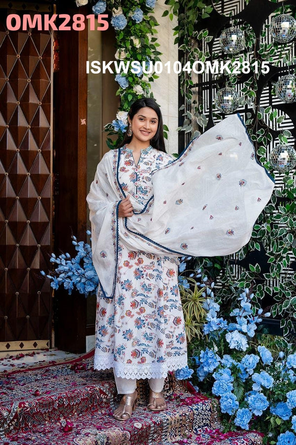 Floral Printed Cotton Anarkali Kurti With Pant And Dupatta-ISKWSU0104OMK2815