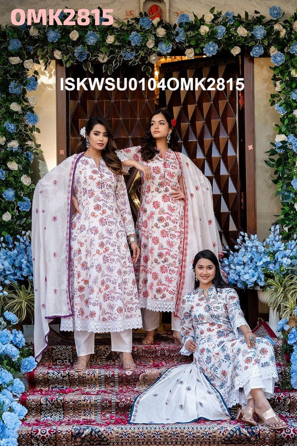 Floral Printed Cotton Anarkali Kurti With Pant And Dupatta-ISKWSU0104OMK2815
