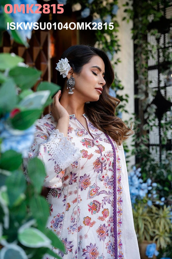 Floral Printed Cotton Anarkali Kurti With Pant And Dupatta-ISKWSU0104OMK2815