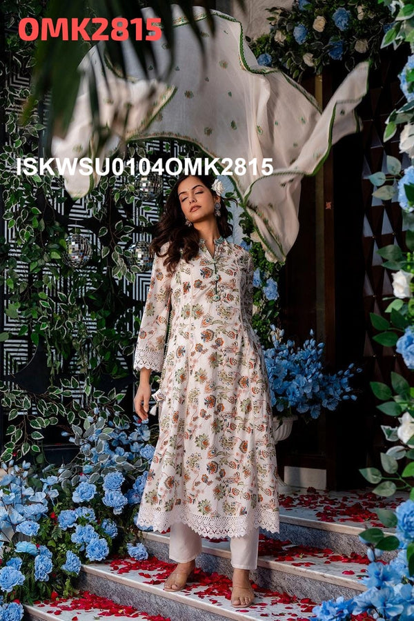 Floral Printed Cotton Anarkali Kurti With Pant And Dupatta-ISKWSU0104OMK2815