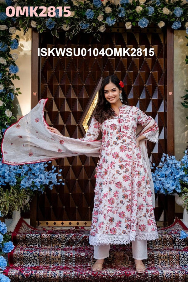 Floral Printed Cotton Anarkali Kurti With Pant And Dupatta-ISKWSU0104OMK2815