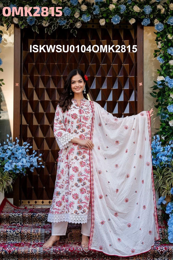 Floral Printed Cotton Anarkali Kurti With Pant And Dupatta-ISKWSU0104OMK2815