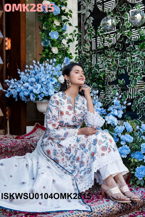 Floral Printed Cotton Anarkali Kurti With Pant And Dupatta-ISKWSU0104OMK2815