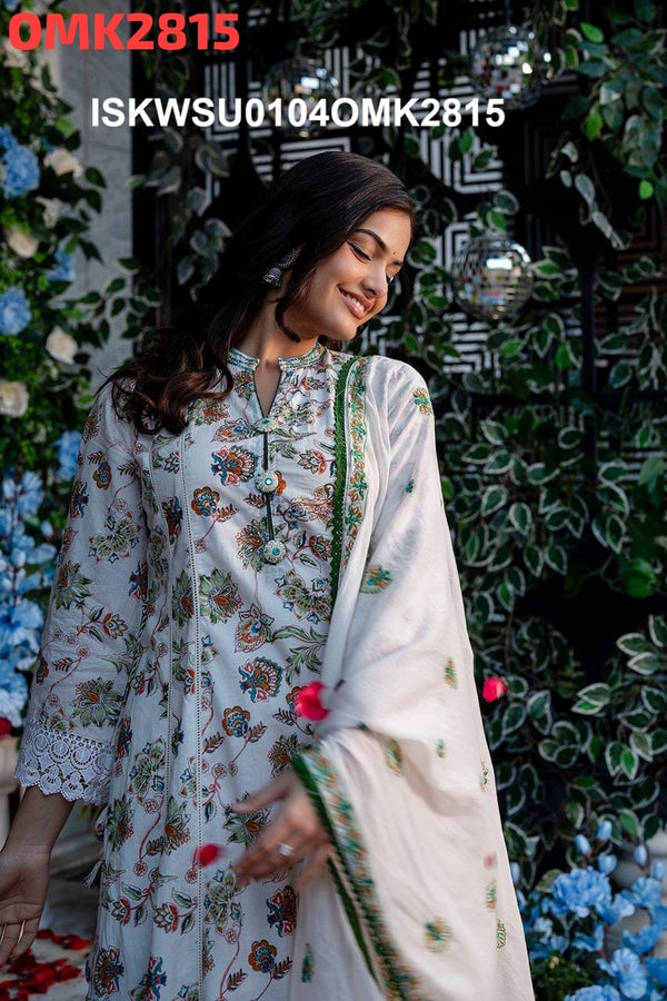 Floral Printed Cotton Anarkali Kurti With Pant And Dupatta-ISKWSU0104OMK2815