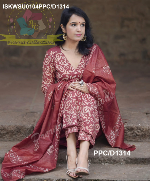 Hand Batik Printed Silk Kurti With Pant And Dupatta-ISKWSU0104PPC/D1314