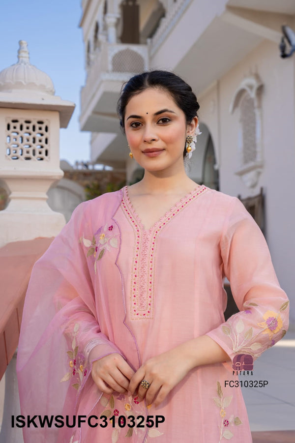 Embroidered Malmal Chanderi Flared Kurti With Silk Pant And Organza Dupatta-ISKWSUFC310325G/FC310325P
