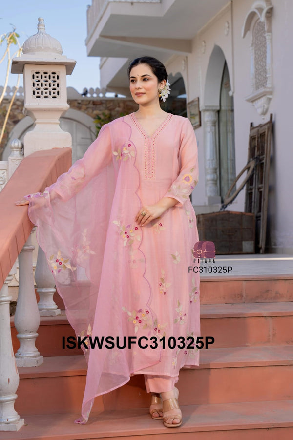 Embroidered Malmal Chanderi Flared Kurti With Silk Pant And Organza Dupatta-ISKWSUFC310325G/FC310325P