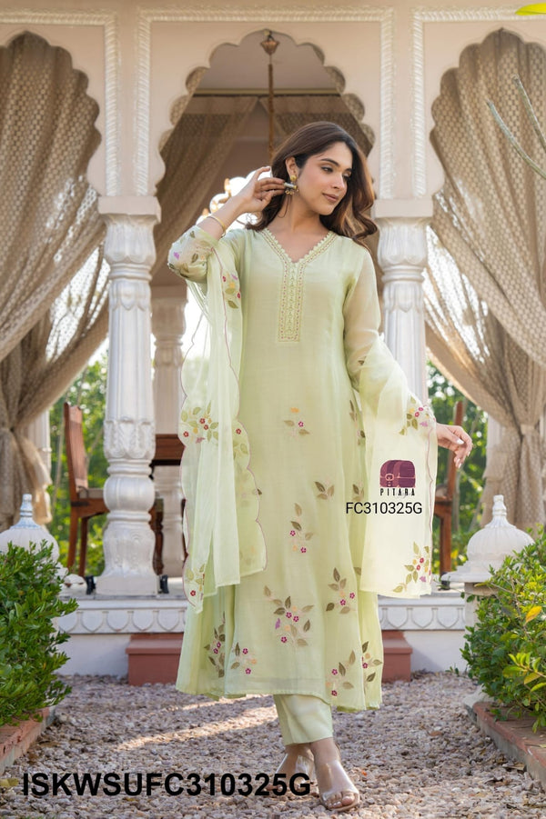 Embroidered Malmal Chanderi Flared Kurti With Silk Pant And Organza Dupatta-ISKWSUFC310325G/FC310325P