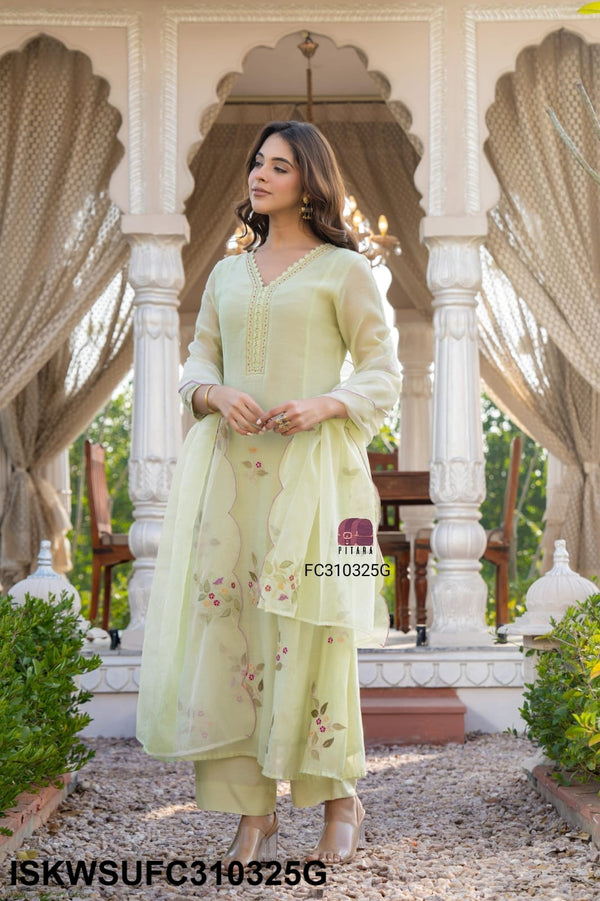 Embroidered Malmal Chanderi Flared Kurti With Silk Pant And Organza Dupatta-ISKWSUFC310325G/FC310325P