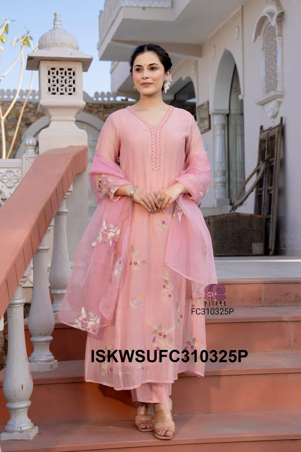 Embroidered Malmal Chanderi Flared Kurti With Silk Pant And Organza Dupatta-ISKWSUFC310325G/FC310325P