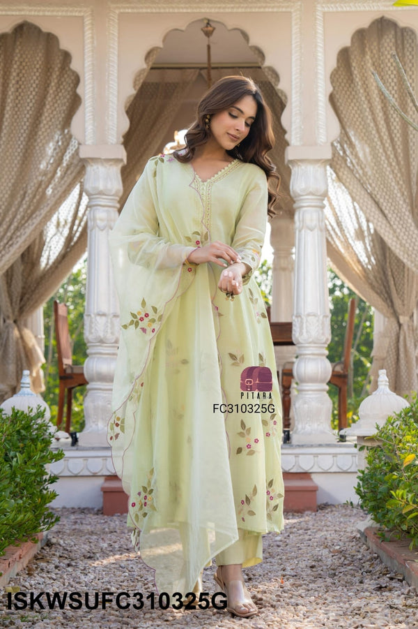Embroidered Malmal Chanderi Flared Kurti With Silk Pant And Organza Dupatta-ISKWSUFC310325G/FC310325P