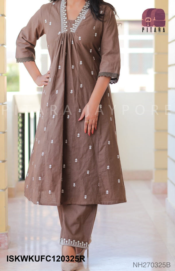 Embroidered Linen Cotton Kurti With Pant-ISKWKUFC120325R/FC120325P/FC120325B