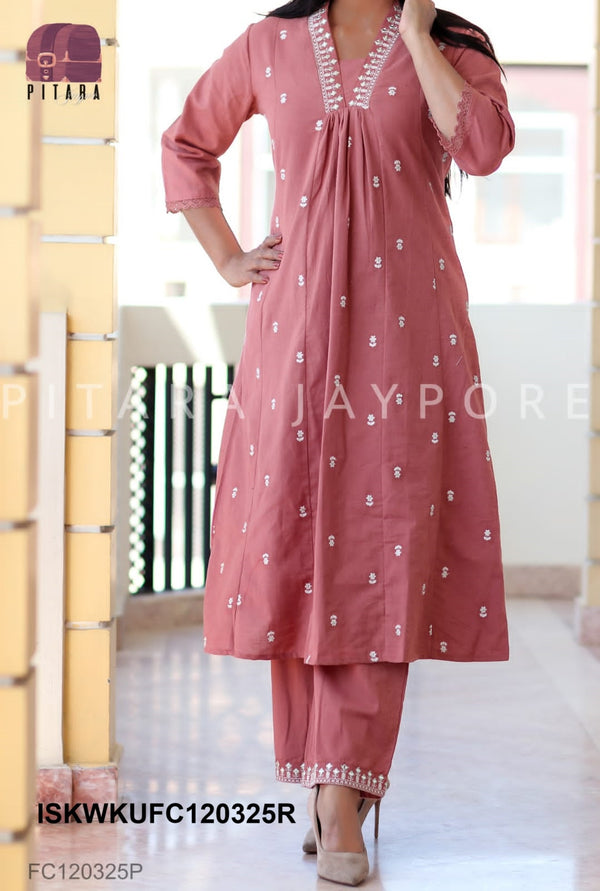 Embroidered Linen Cotton Kurti With Pant-ISKWKUFC120325R/FC120325P/FC120325B