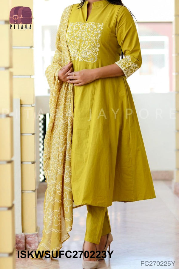 Embroidered Malmal Cotton Kurti With Pant And Bandhani Printed Maslin Dupatta-ISKWSUFC270225R/FC270225Y