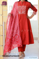 Embroidered Malmal Cotton Kurti With Pant And Bandhani Printed Maslin Dupatta-ISKWSUFC270225R/FC270225Y
