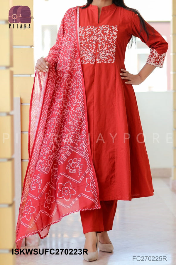Embroidered Malmal Cotton Kurti With Pant And Bandhani Printed Maslin Dupatta-ISKWSUFC270225R/FC270225Y