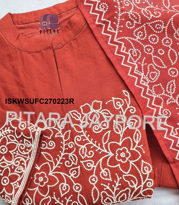 Embroidered Malmal Cotton Kurti With Pant And Bandhani Printed Maslin Dupatta-ISKWSUFC270225R/FC270225Y