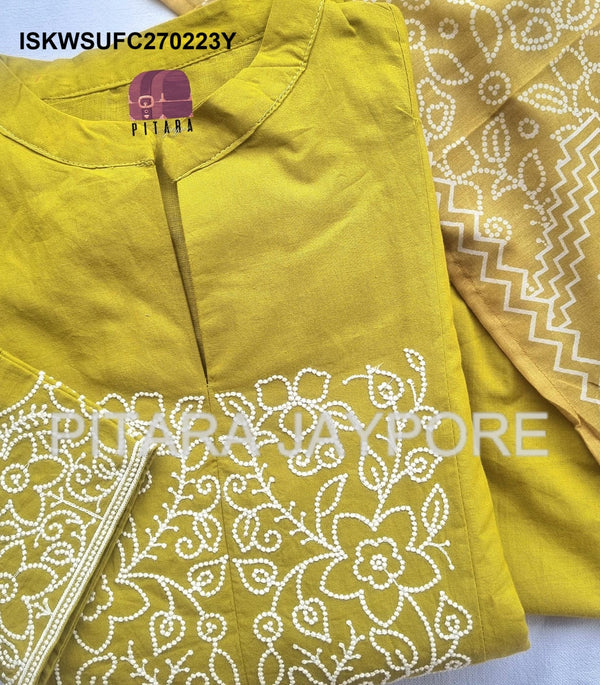 Embroidered Malmal Cotton Kurti With Pant And Bandhani Printed Maslin Dupatta-ISKWSUFC270225R/FC270225Y