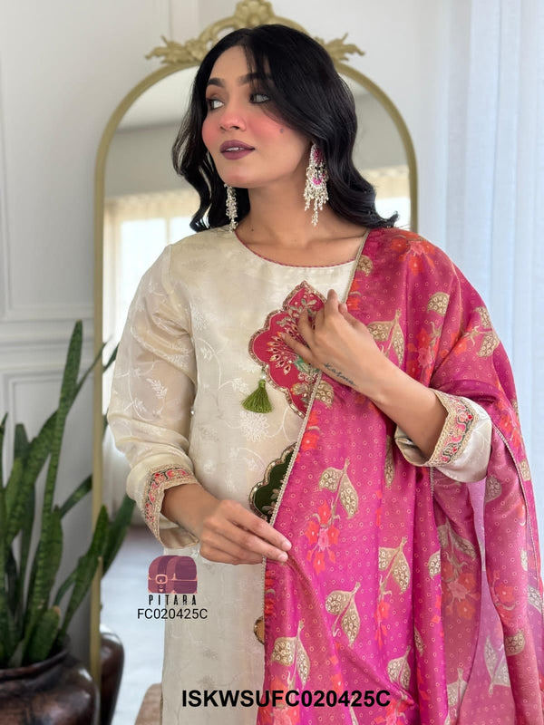 Embroidered Tissue Jacquard Kurti With Silk Pant And Tissue Silk Dupatta-ISKWSUFC020425C