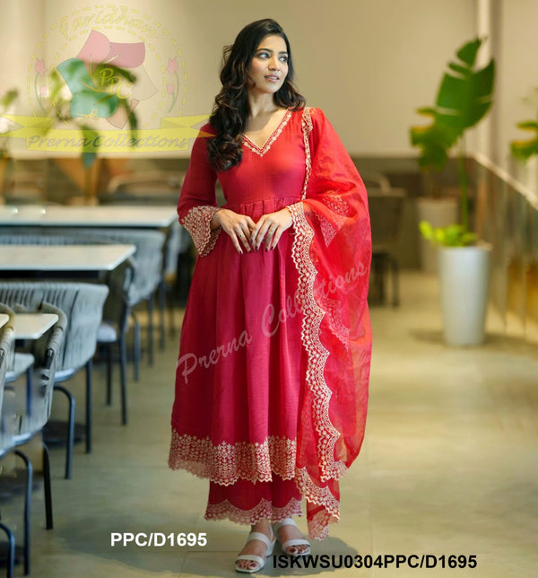 Embroidered Malmal Chanderi Anarkali Kurti With Pant And Organza Dupatta-ISKWSU0304PPC/D1695