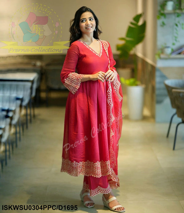 Embroidered Malmal Chanderi Anarkali Kurti With Pant And Organza Dupatta-ISKWSU0304PPC/D1695