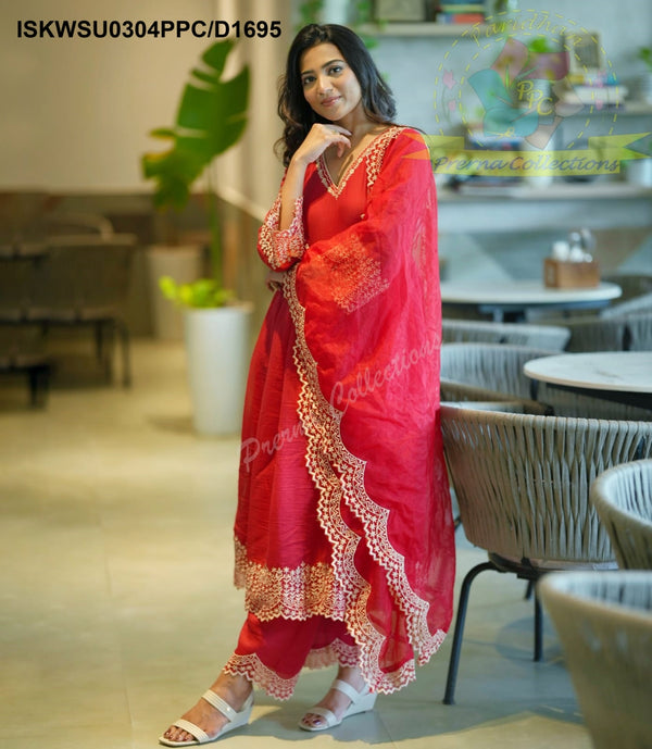 Embroidered Malmal Chanderi Anarkali Kurti With Pant And Organza Dupatta-ISKWSU0304PPC/D1695